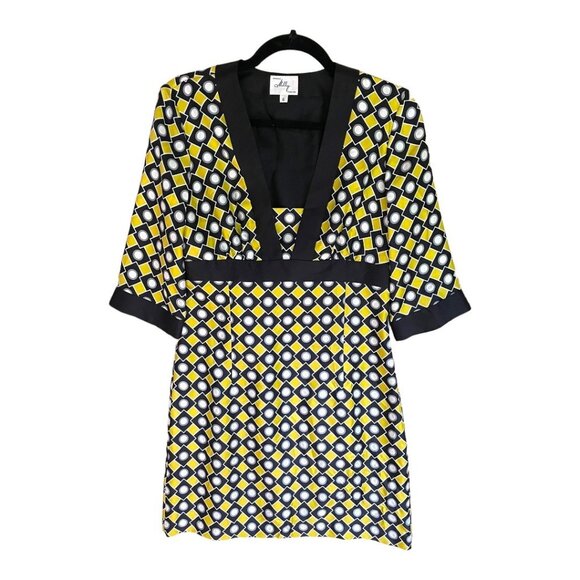 Milly New York Size 6 Yellow Black White 100% Silk Elbow Sleeve V-neck Dress - Picture 1 of 6